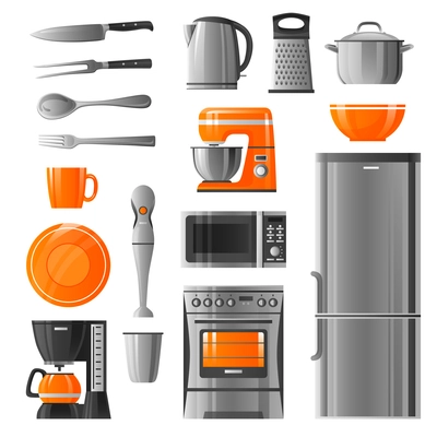 Appliances flat icons set in realistic style with microwave refrigerator stove  kettle mixer blender coffee machine  and kitchen utensil isolated vector illustration