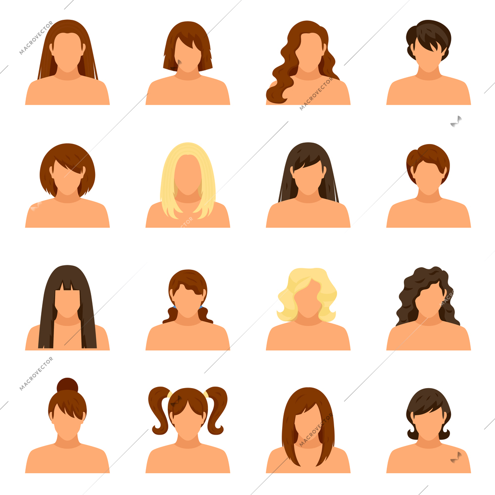 Woman hairstyle icons set with face and shoulders flat isolated vector illustration