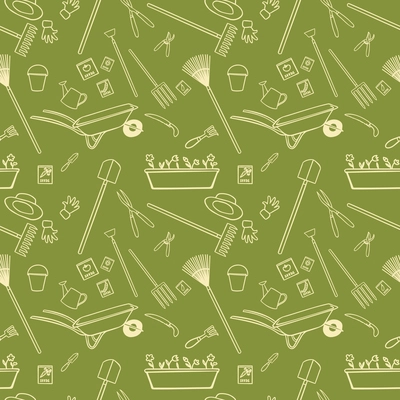 Decorative garden tools seamless wallpaper white on green pattern vector illustration