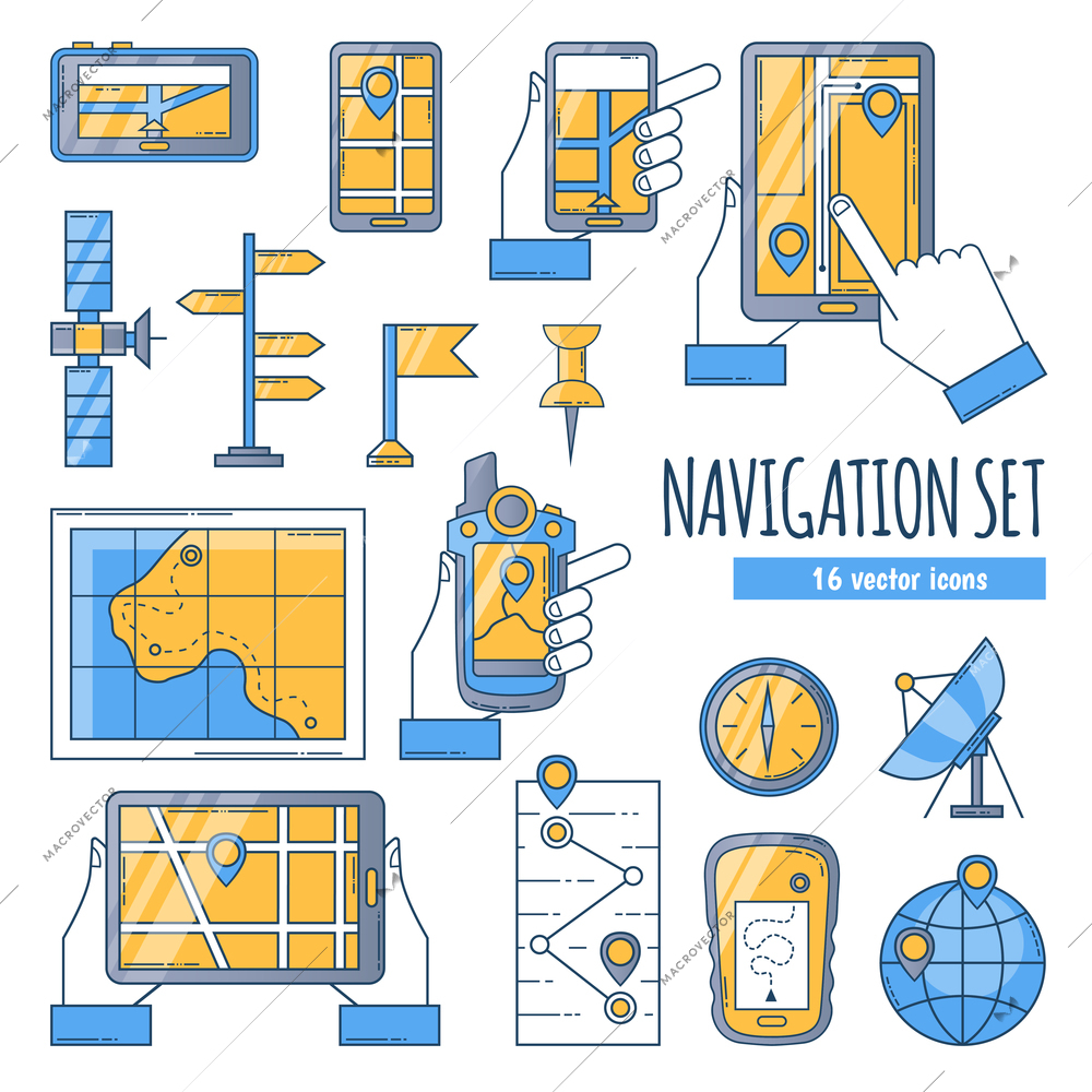 Navigation flat color icons set with map compass satellite dish and navigation app on mobile screen isolated vector illustration