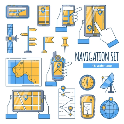 Navigation flat color icons set with map compass satellite dish and navigation app on mobile screen isolated vector illustration