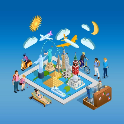 Different landmarks of historic buildings and national monuments on gadget with people around it isometric poster vector illustration