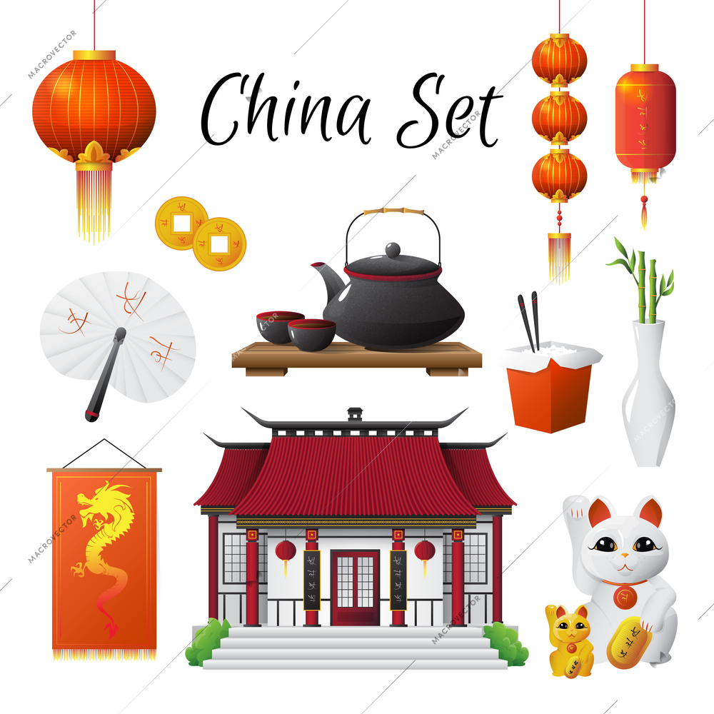 Chinese culture classic national symbols set with red lantern steamed rice and maneki neco isolated vector illustration