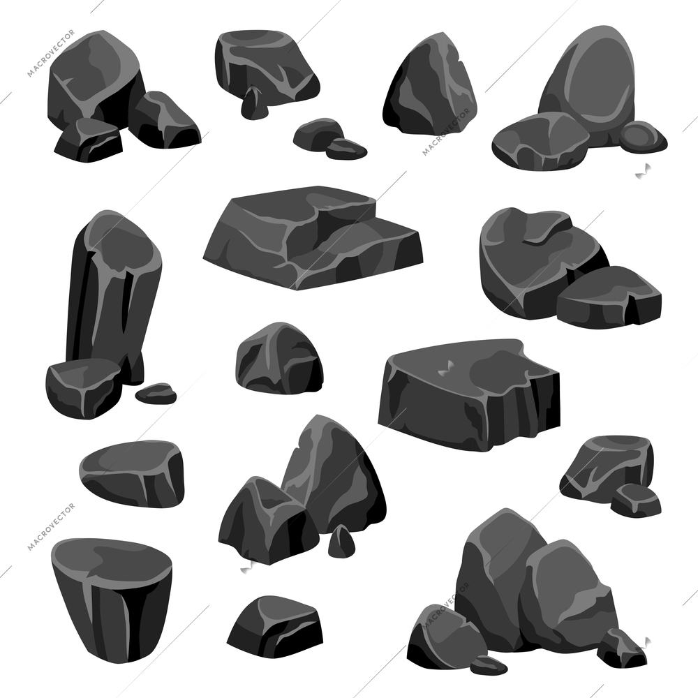 Black rocks and stones fragments of granite or nature mineral in cartoon style isolated vector illustration