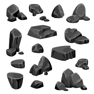 Black rocks and stones fragments of granite or nature mineral in cartoon style isolated vector illustration