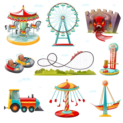 Top amusement park attractions rides flat icons collection with carousel ferry wheel and roller coaster vector illustration