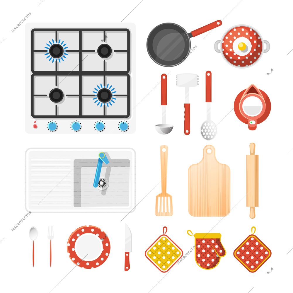 Kitchen utensils top view icons set with cooker fork and knife flat isolated vector illustration