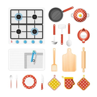 Kitchen utensils top view icons set with cooker fork and knife flat isolated vector illustration