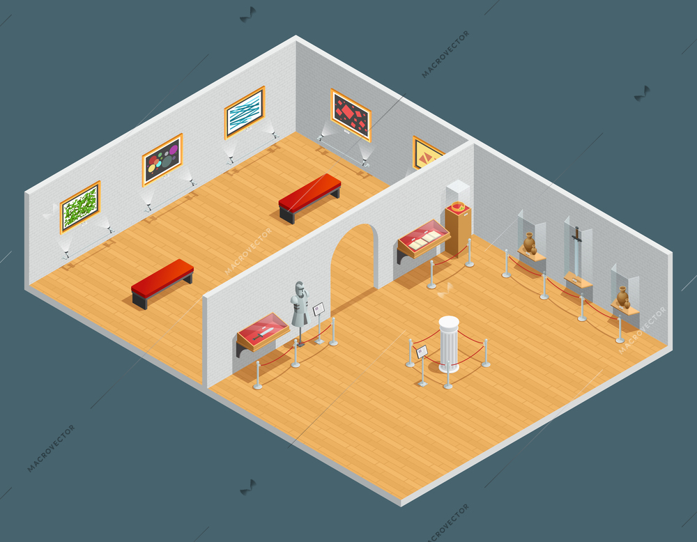 Isometric color illustration of museum interior with exhibit and painting vector illustration