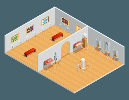 Isometric color illustration of museum interior with exhibit and painting vector illustration