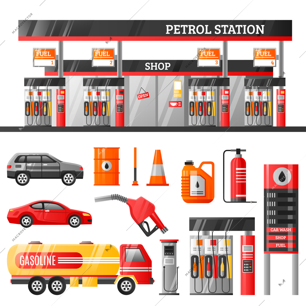 Petrol station design concept with canister filling gun refuelling racks gasoline tanker flat icons isolated vector illustration