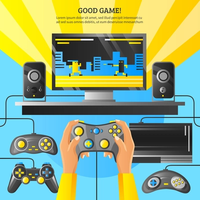 Game gadget flat vector illustration with computer on desktop loudspeakers joystick in male hands and wishing good game