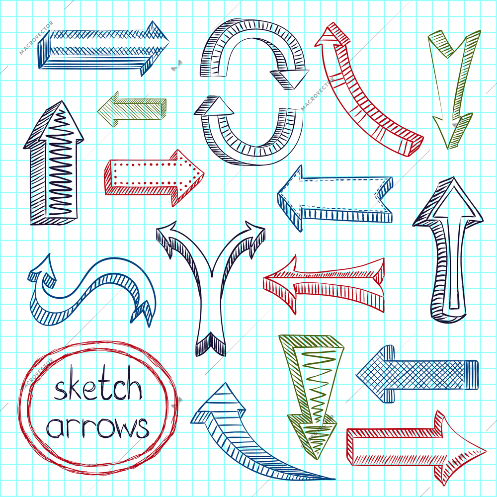 Colored navigation arrows on squared notebook background sketch pencil drawing icons set flat isolated vector illustration