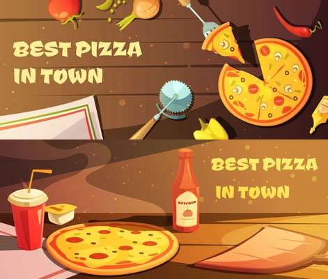Set of horizontal banners for restaurant with advertising of best pizza in town flat vector illustration