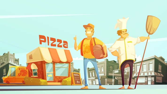 Pizza delivery flat vector illustration in cartoon style with chef courier yellow minibus for delivery and pizzeria at town landscape