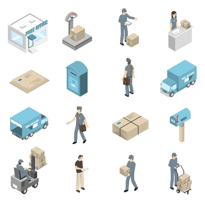 Post office service isometric icons collection with parcels packages and letters transportation and delivery isolated vector illustration