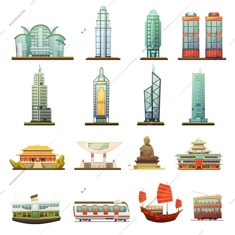 Hong Kong city landmarks temple buddha statue and transportation elements retro cartoon icons collection isolated vector illustration