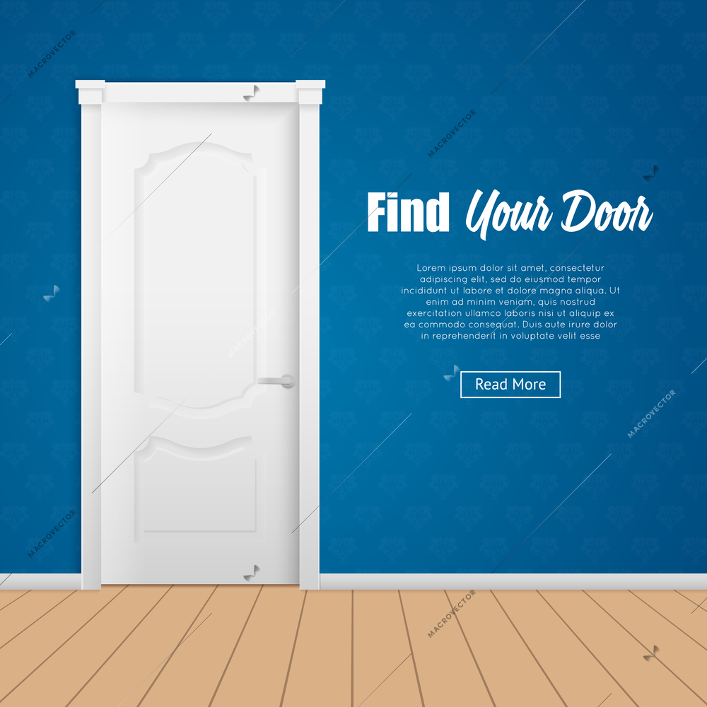 Flat page with closed white house room door in blue wall vector illustration