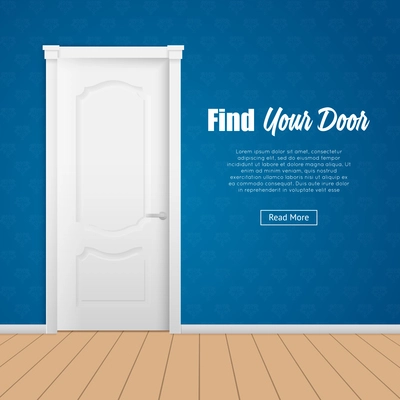 Flat page with closed white house room door in blue wall vector illustration