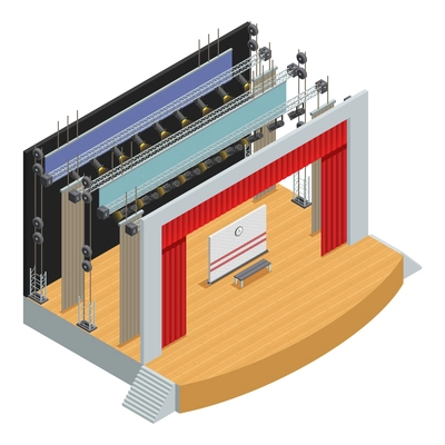 Stage for theater scenes with scenery decor elements and loop system for curtains isometric poster vector illustration