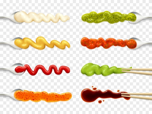 Set of color icons depicting different sauce in spoon vector illustration