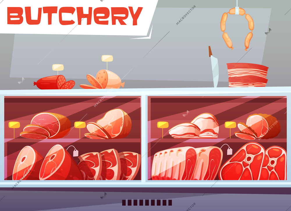 Storefront of butchery shop design concept with price labels and meat products made from pork and beef flat vector illustration