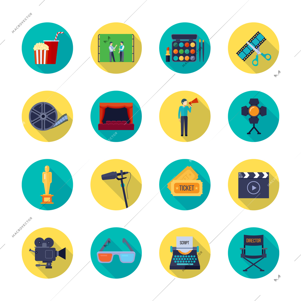 Filmmaking and movie release attributes flat round icons collection with film bobbin and tickets isolated vector illustration