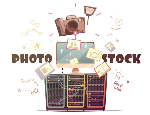 Successful high quality photo contributors to stock agencies concept symbols composition in retro cartoon style vector illustration