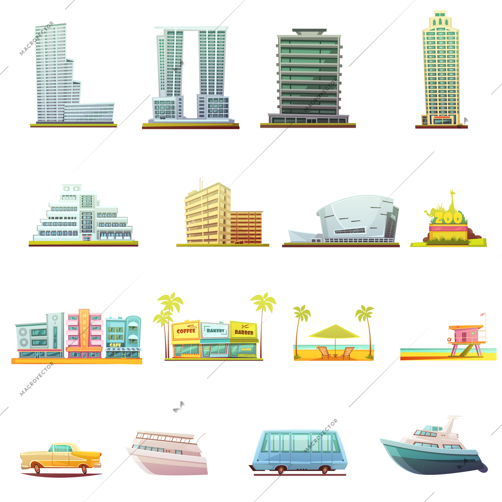 Miami beach buildings city landscape tourists attractions and transportation elements retro cartoon icons collection isolated vector illustration