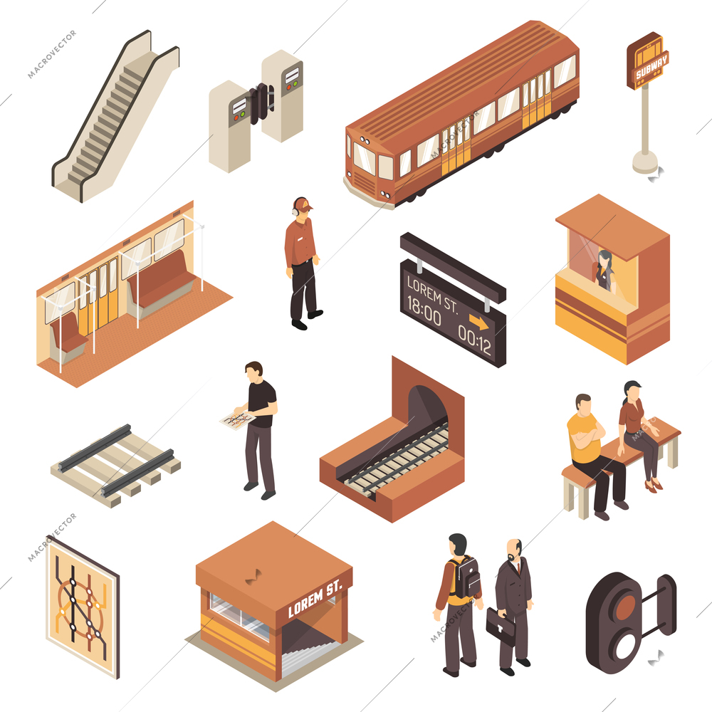 Subway rapid transit elements isometric collection with metro station entrance railway map and escalator isolated vector illustration