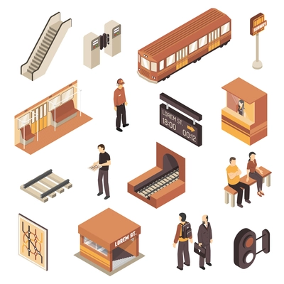 Subway rapid transit elements isometric collection with metro station entrance railway map and escalator isolated vector illustration