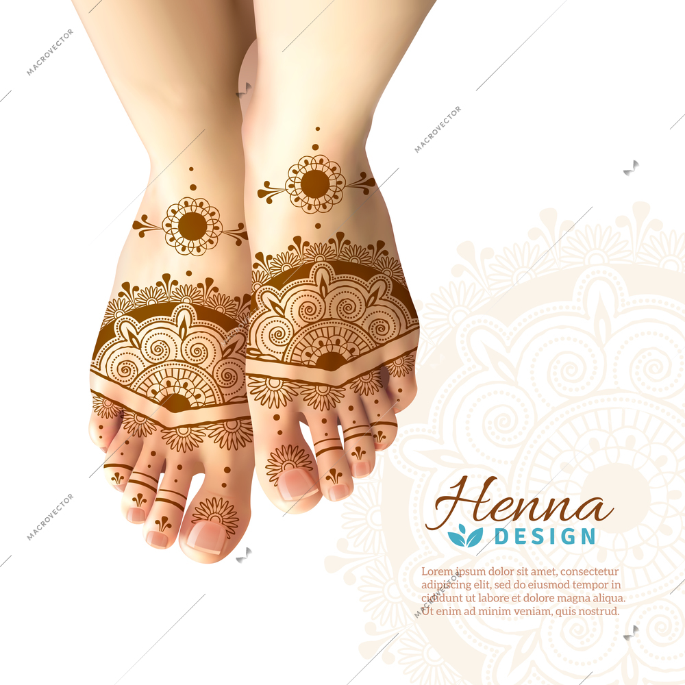 Bride feet coloring with indian henna paste or mehndi design of symbolic tattoos realistic advertisement poster vector illustration