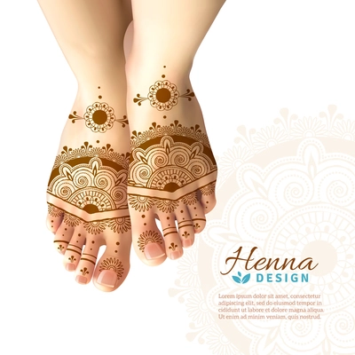 Bride feet coloring with indian henna paste or mehndi design of symbolic tattoos realistic advertisement poster vector illustration