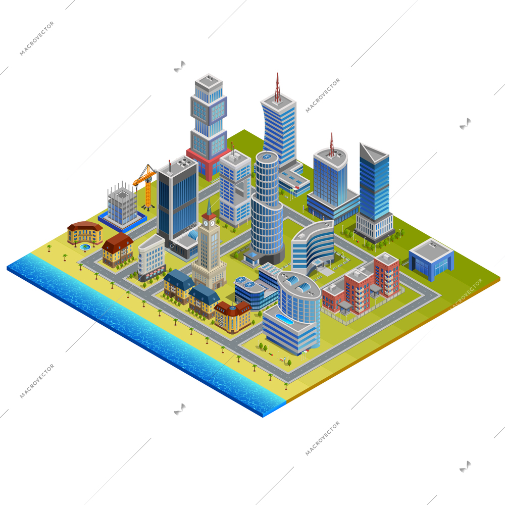 Isometric city with modern and historic buildings near beach and sea on white background vector illustration