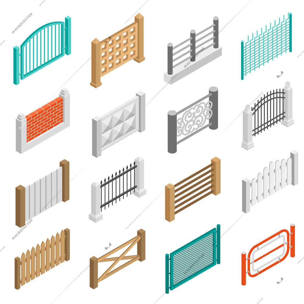 Urban and farmland real estate boundary fences elements from wood brick and concrete isometric set isolated vector illustration