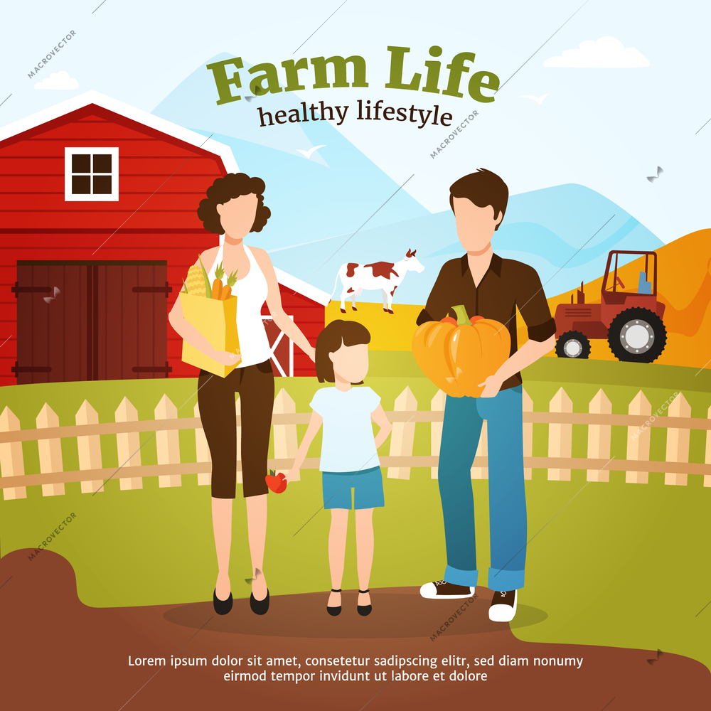 Leading healthy lifestyle family during autumn harvest time on farm flat vector illustration
