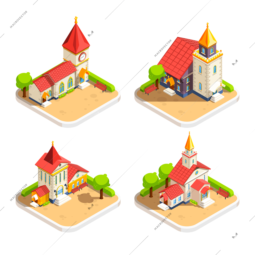 Church historic religious building with steeple tower and churchyard 4 isometric icons set abstract isolated vector illustration