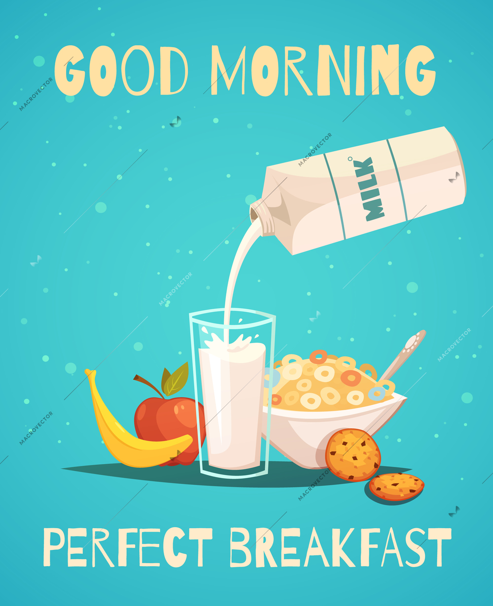 Perfect breakfast poster in retro style with good morning wishing and healthy food icons set of milk fruit and cereal flat vector illustration