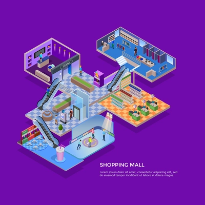 One floor of shopping mall isometric concept with customers in supermarket clothing shop and skating rink on violet background vector illustration