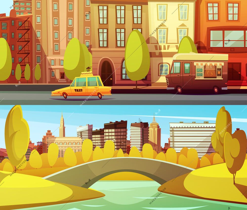 New york horizontal banners with city transport in downtown and central park in island manhattan flat vector illustration