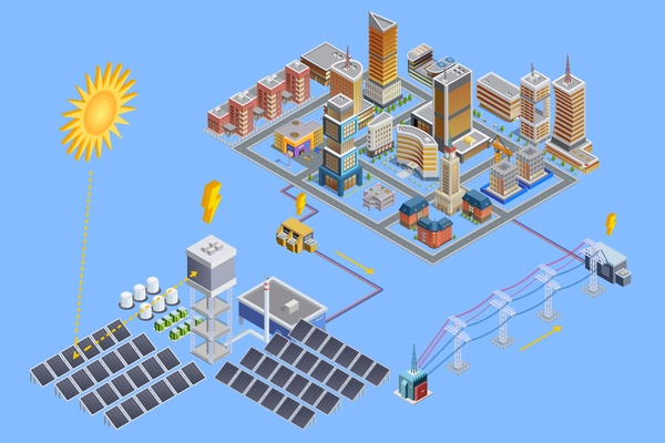 Isometric poster of modern city which gain energy from  solar electricity station with mirror plates vector illustration