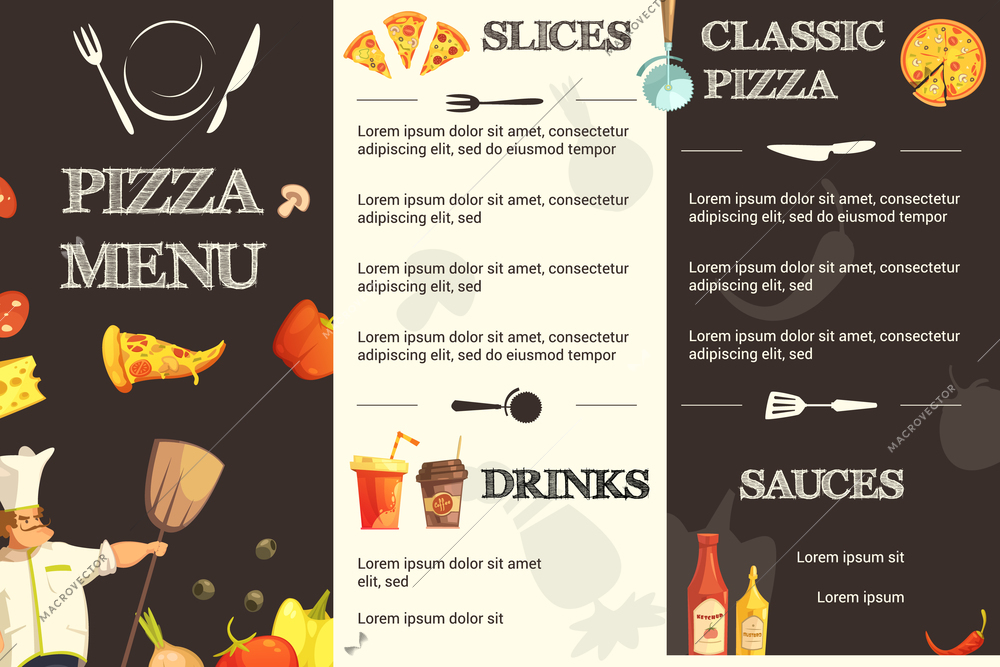 Menu template for restaurant and pizzeria with different kinds of pizza sauces and drinks information vector illustration