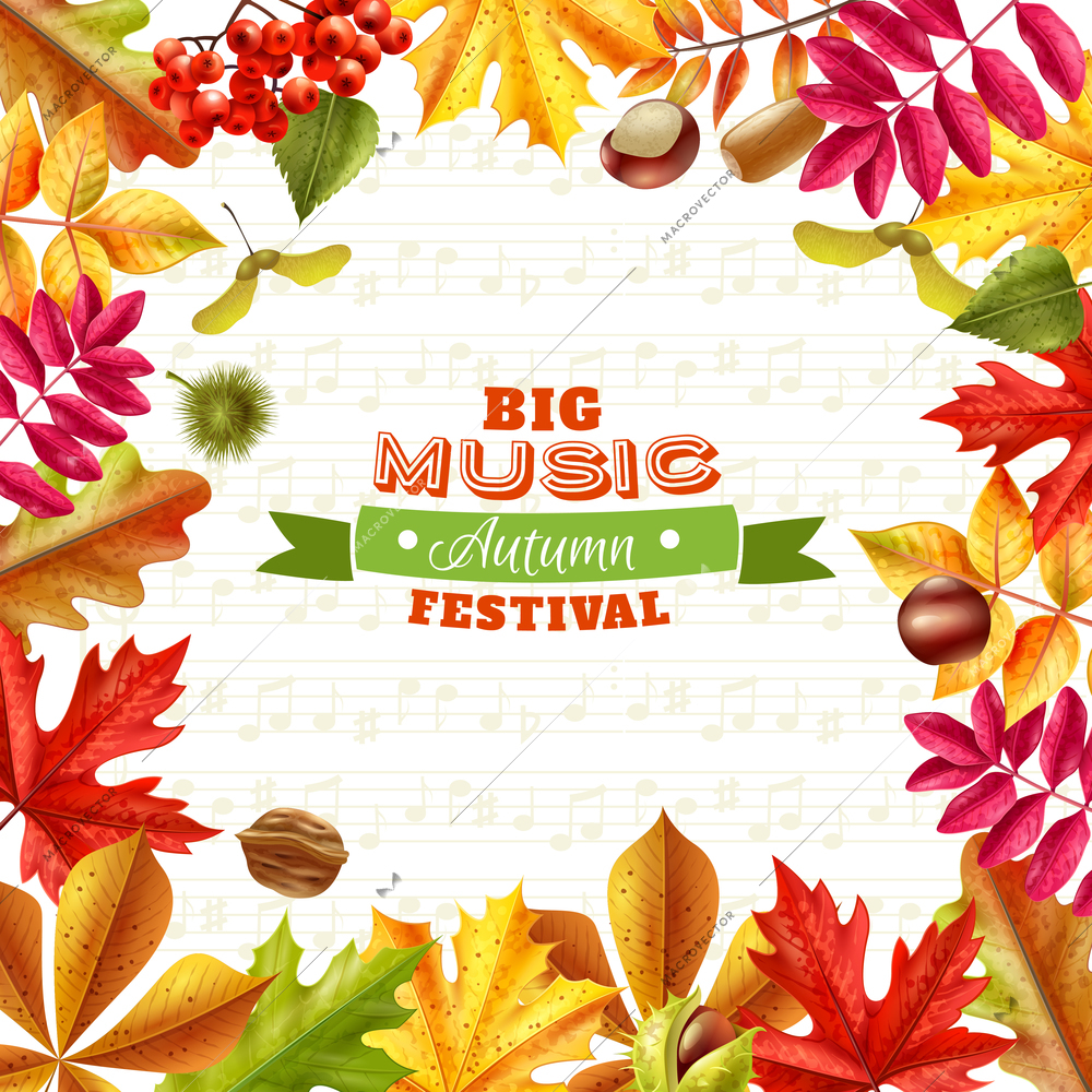 Big autumn music festival background with bright fall leaves chestnuts berries and acorns on textural background flat vector illustration