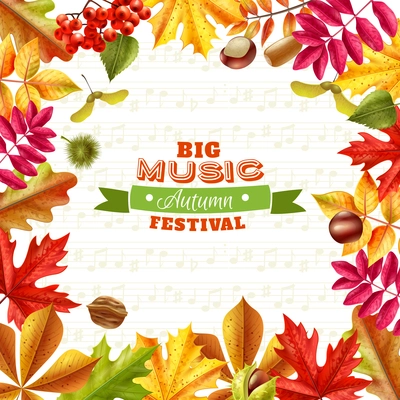 Big autumn music festival background with bright fall leaves chestnuts berries and acorns on textural background flat vector illustration