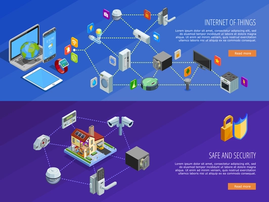 Internet of things home comfort and safety remote control 2 isometric banners webpage design isolated vector illustration