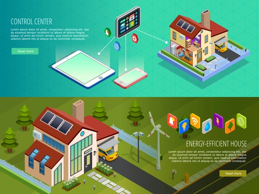 Internet of things smart home infrastructure 2 horizontal isometric banners with computer controlled energy supply isolated vector illustration