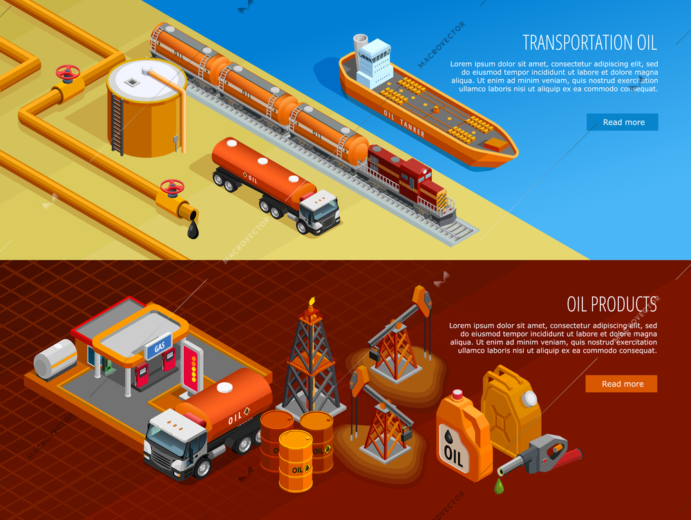 Gas oil industry storage and transportation facilities 2 isometric horizontal banners with filling station isolated vector illustration