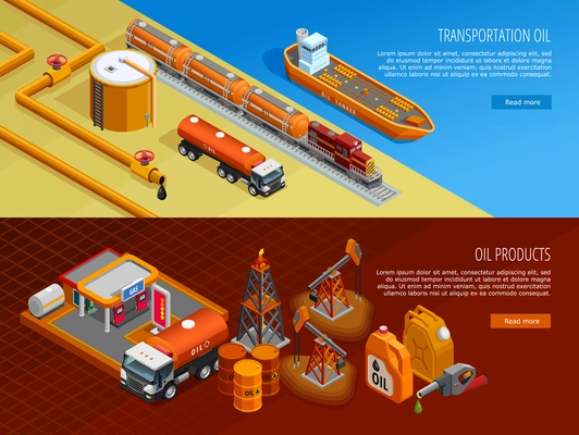 Gas oil industry storage and transportation facilities 2 isometric horizontal banners with filling station isolated vector illustration