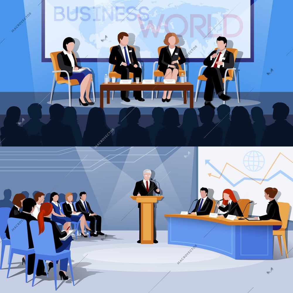 Business world international conference presentations 2 flat vectors set with public speaking participants abstract isolated vector illustration