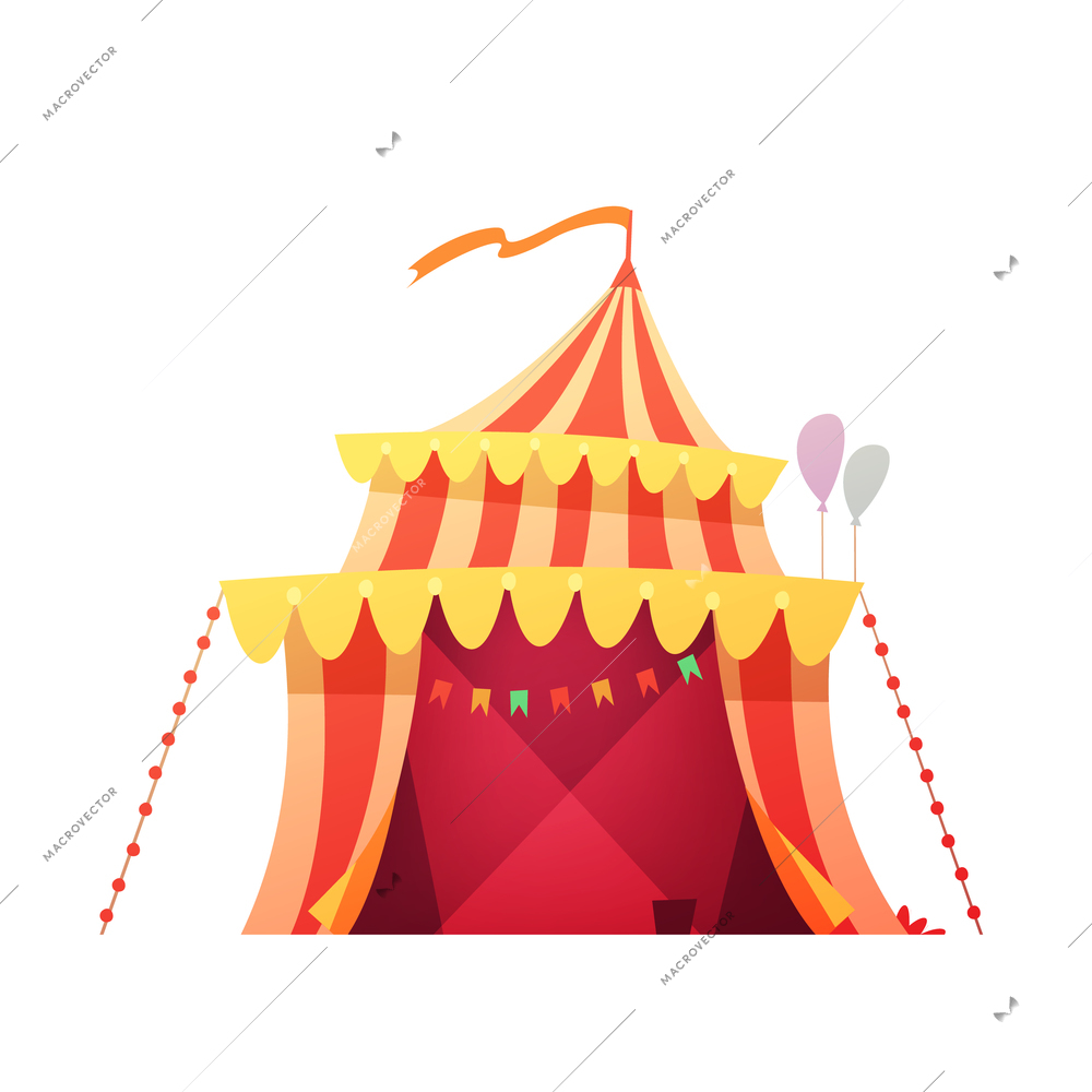 Traveling chapiteau circus red yellow tent in amusement park ready foe show retro cartoon icon illustration vector